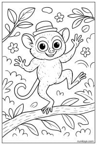 Tarsier Coloring Sheet with Hat on Tree Branch