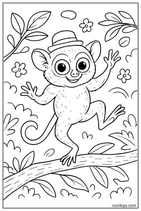 Tarsier Coloring Sheet with Hat on Tree Branch