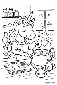 Unicorn Cooking Potion in Kitchen Coloring Page