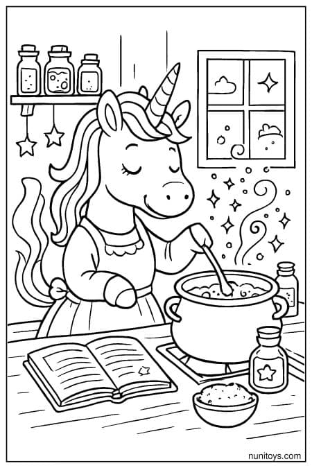 Unicorn Cooking Potion in Kitchen Coloring Page