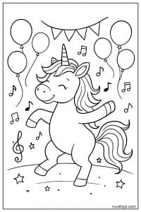 Unicorn Dancing with Balloons and Music Notes Coloring Page