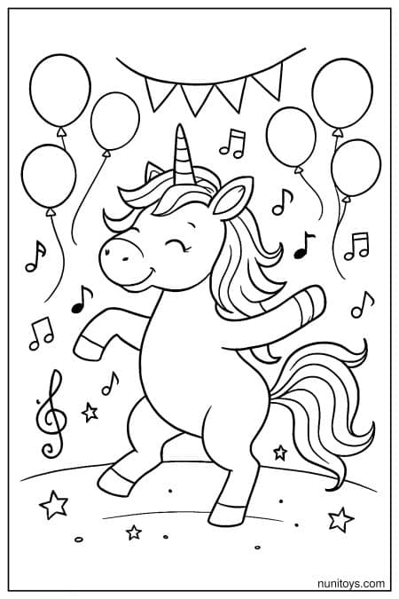 Unicorn Dancing with Balloons and Music Notes Coloring Page