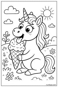 Unicorn Eating Ice Cream on Sunny Day Coloring Sheet