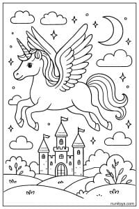 Flying Unicorn Above Castle at Night Coloring Page