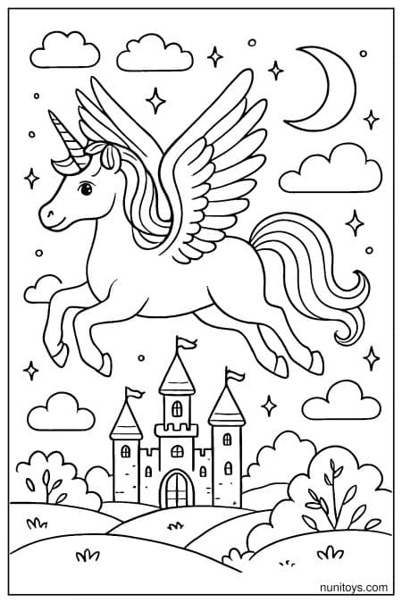 Flying Unicorn Above Castle at Night Coloring Page