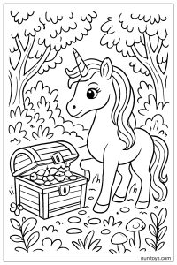 Unicorn with Treasure Chest in Forest Coloring Sheet