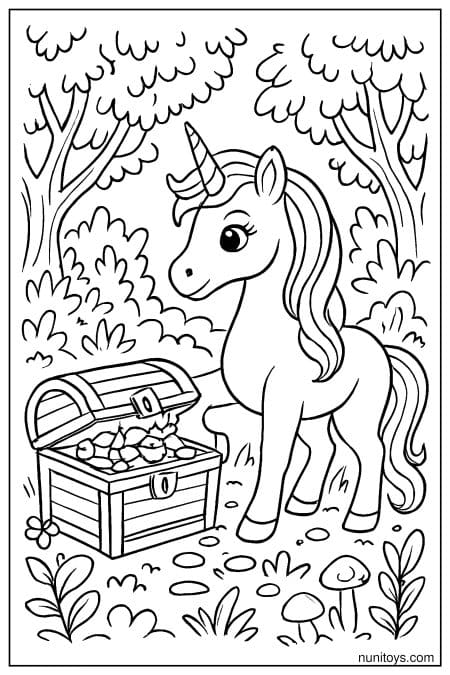Unicorn with Treasure Chest in Forest Coloring Sheet