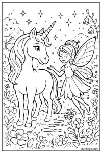 Unicorn and Fairy in Flower Field Printable Coloring Sheet