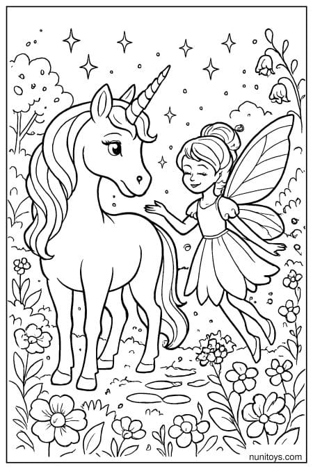 Unicorn and Fairy in Flower Field Printable Coloring Sheet