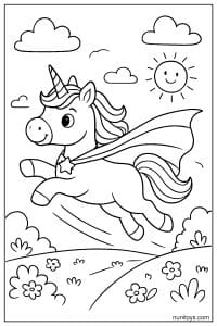 Superhero Unicorn Flying Over Flowers Coloring Page