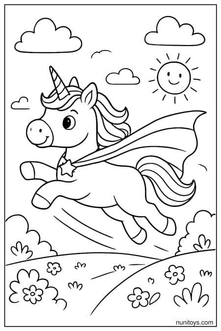Superhero Unicorn Flying Over Flowers Coloring Page