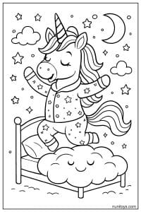 Sleeping Unicorn in Pajamas on Cloud Bed Coloring Page