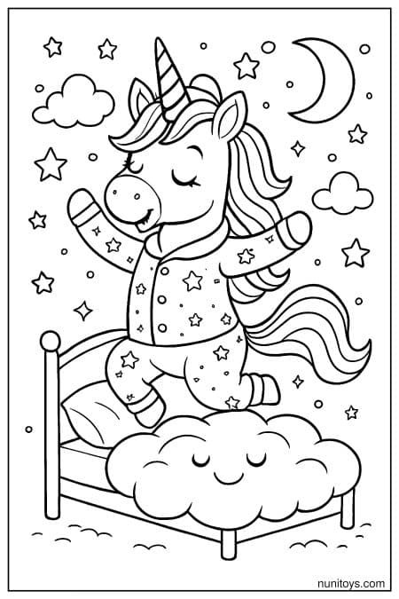 Sleeping Unicorn in Pajamas on Cloud Bed Coloring Page