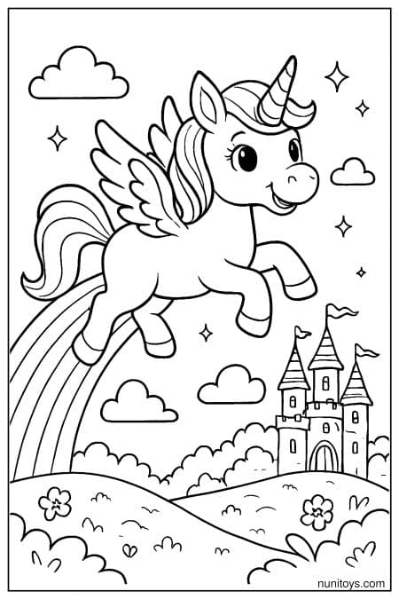 Winged Unicorn Flying Over Hills and Castle Coloring Page