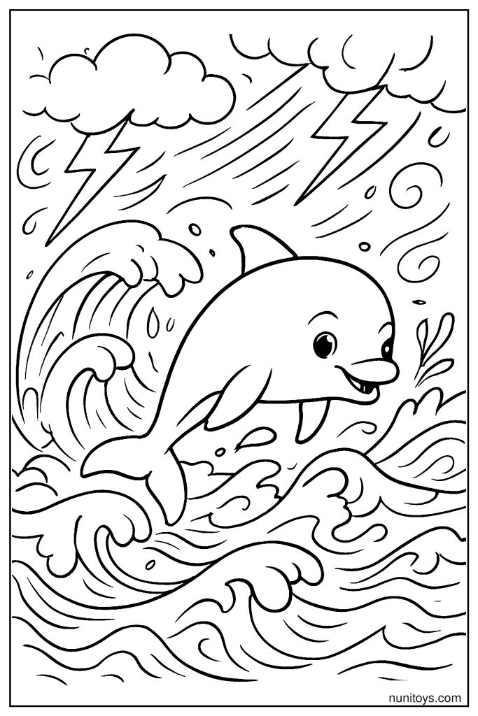 Vaquita Escaping Stormy Ocean Waves Coloring Page