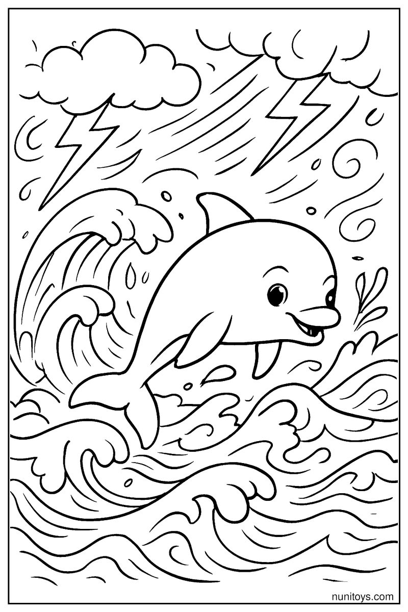 Vaquita Escaping Stormy Ocean Waves Coloring Page