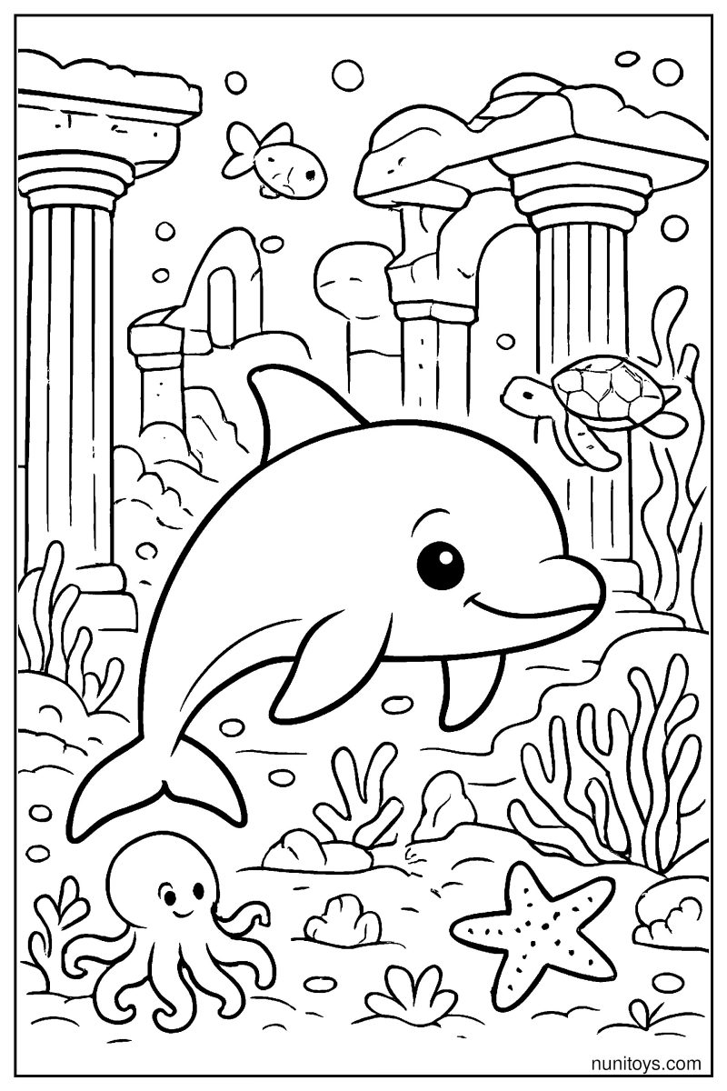 Vaquita Exploring Ancient Underwater Ruins Coloring Page