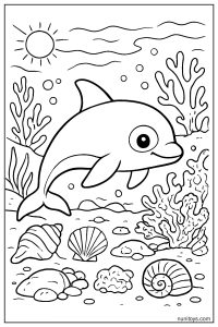 Vaquita Exploring Coastal Waters with Detailed Shells and Reef Structures Coloring Page