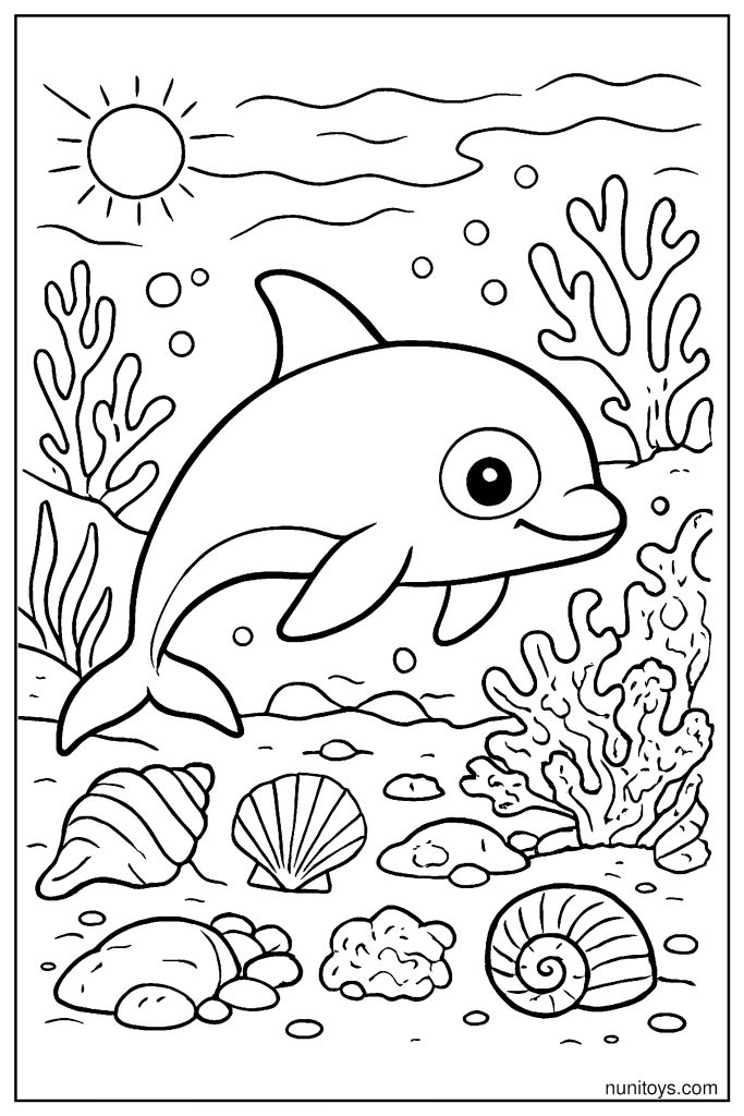 Vaquita Exploring Coastal Waters with Detailed Shells and Reef Structures Coloring Page