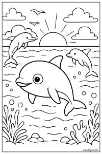 Vaquita Traveling Across the Ocean with Dolphins at Sunset Coloring Page