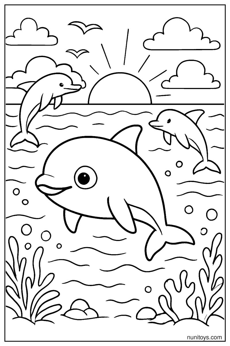 Vaquita Traveling Across the Ocean with Dolphins at Sunset Coloring Page