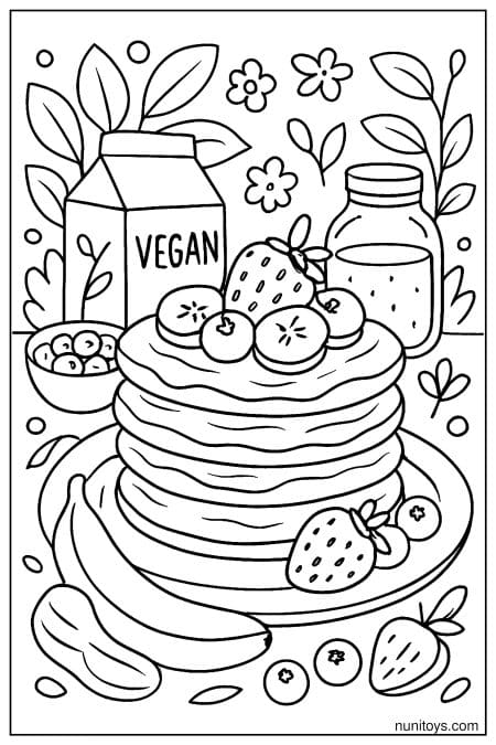 Healthy Vegan Pancakes with Berries and Banana Coloring Page