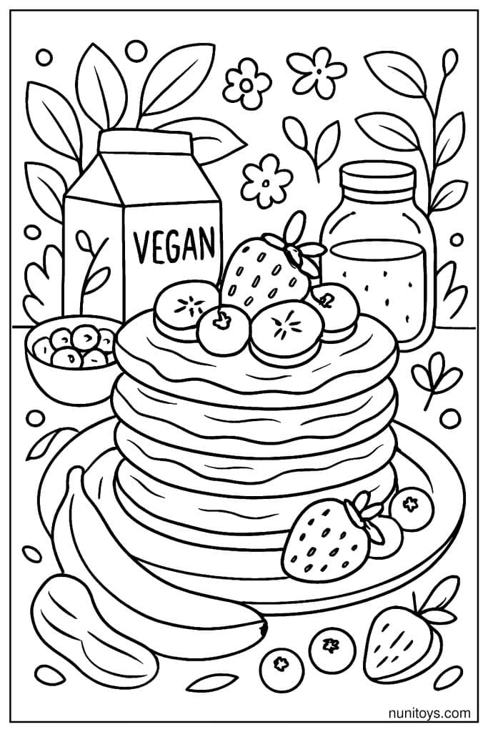 דף צביעה של פנקייקים עם פירות ובקבוק חלב טבעוני