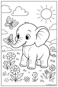 Elephant with Butterflies in Flower Field Coloring Page