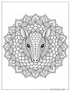Armadillo Face Coloring Page with a Petal Mandala