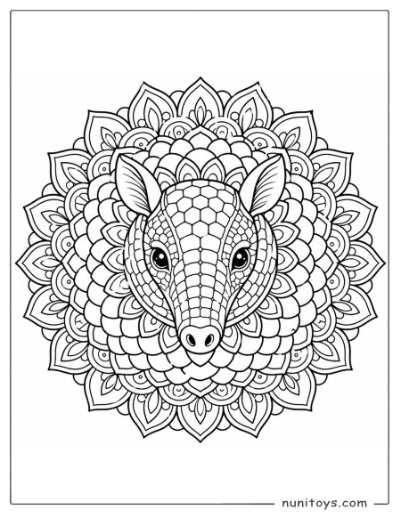 Armadillo Face Coloring Page with a Petal Mandala