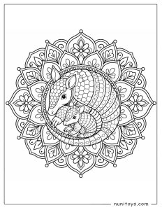 Armadillo Family Resting in a Floral Mandala Coloring Page