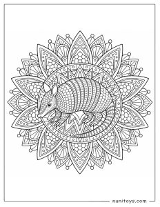 Coloring Page of an Armadillo Walking Through a Petal Mandala