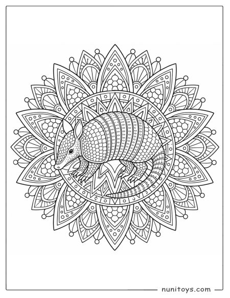 Coloring Page of an Armadillo Walking Through a Petal Mandala