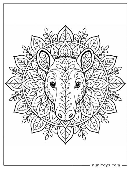 Coloring Sheet of a Tapir Face in a Leafy Mandala Coloring Page