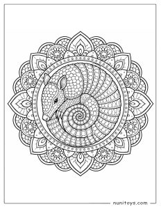 Curled Armadillo Mandala Coloring Sheet with Shell Patterns