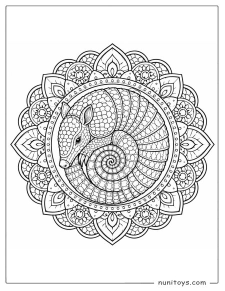 Curled Armadillo Mandala Coloring Sheet with Shell Patterns