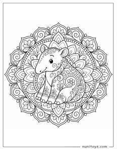 Cute Tapir Sitting in a Floral Mandala Coloring Sheet