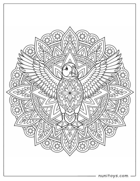 Flying Puffin Mandala Coloring Page with Star Patterns
