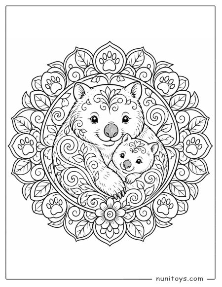 Mother Wombat and Baby in a Floral Mandala Coloring Page