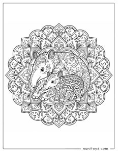 Mother and Baby Tapir in a Floral Mandala Coloring Page