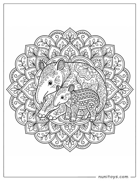 Mother and Baby Tapir in a Floral Mandala Coloring Page