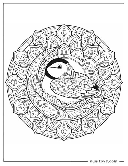 Puffin Resting Inside a Moon Mandala Coloring Sheet