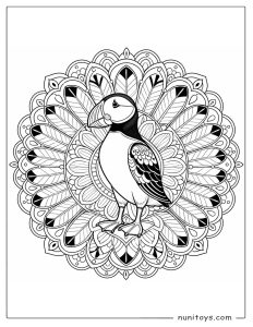 Puffin Standing in a Feather Mandala Coloring Page