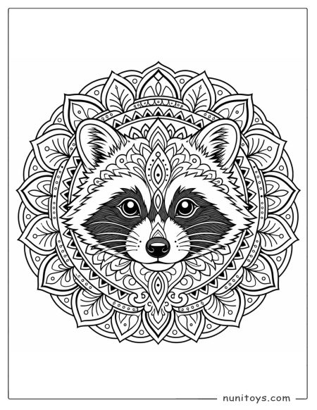 Raccoon Mandala Coloring Sheet with Leafy Frame