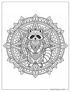 Raccoon Standing Inside a Star Mandala Coloring Sheet
