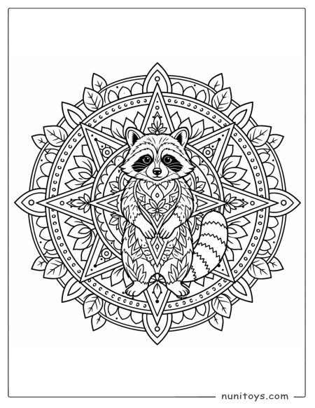 Raccoon Standing Inside a Star Mandala Coloring Sheet