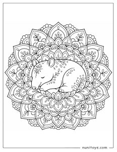 Sleeping Tapir in a Floral Mandala Coloring Page