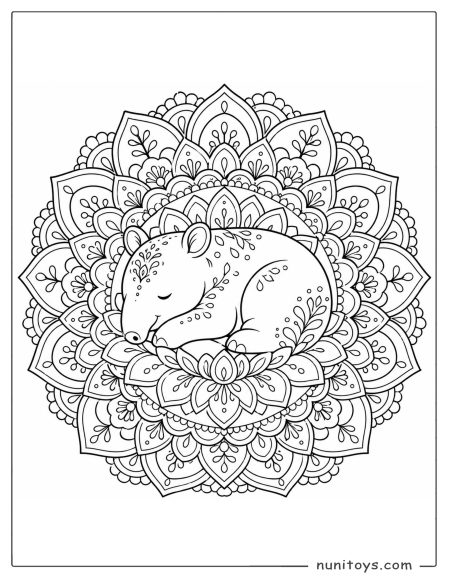 Sleeping Tapir in a Floral Mandala Coloring Page