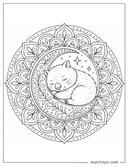 Sleeping Wombat on a Crescent Moon Coloring Sheet