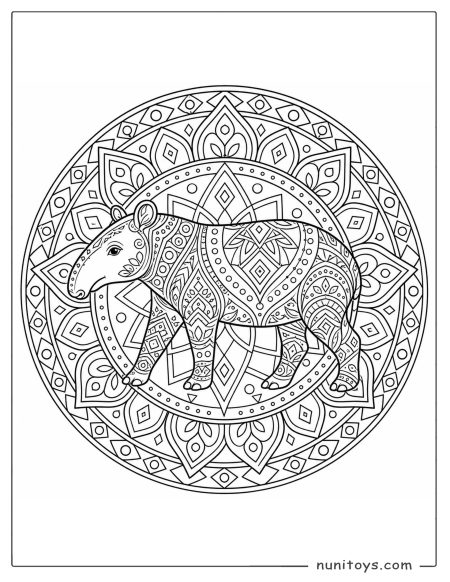 Tapir Walking Through a Geometric Mandala Coloring Page